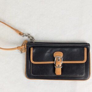Coach Leather Wristlet Clutch Pouch Black Tan Buckle Accent "4 x 7.5"
